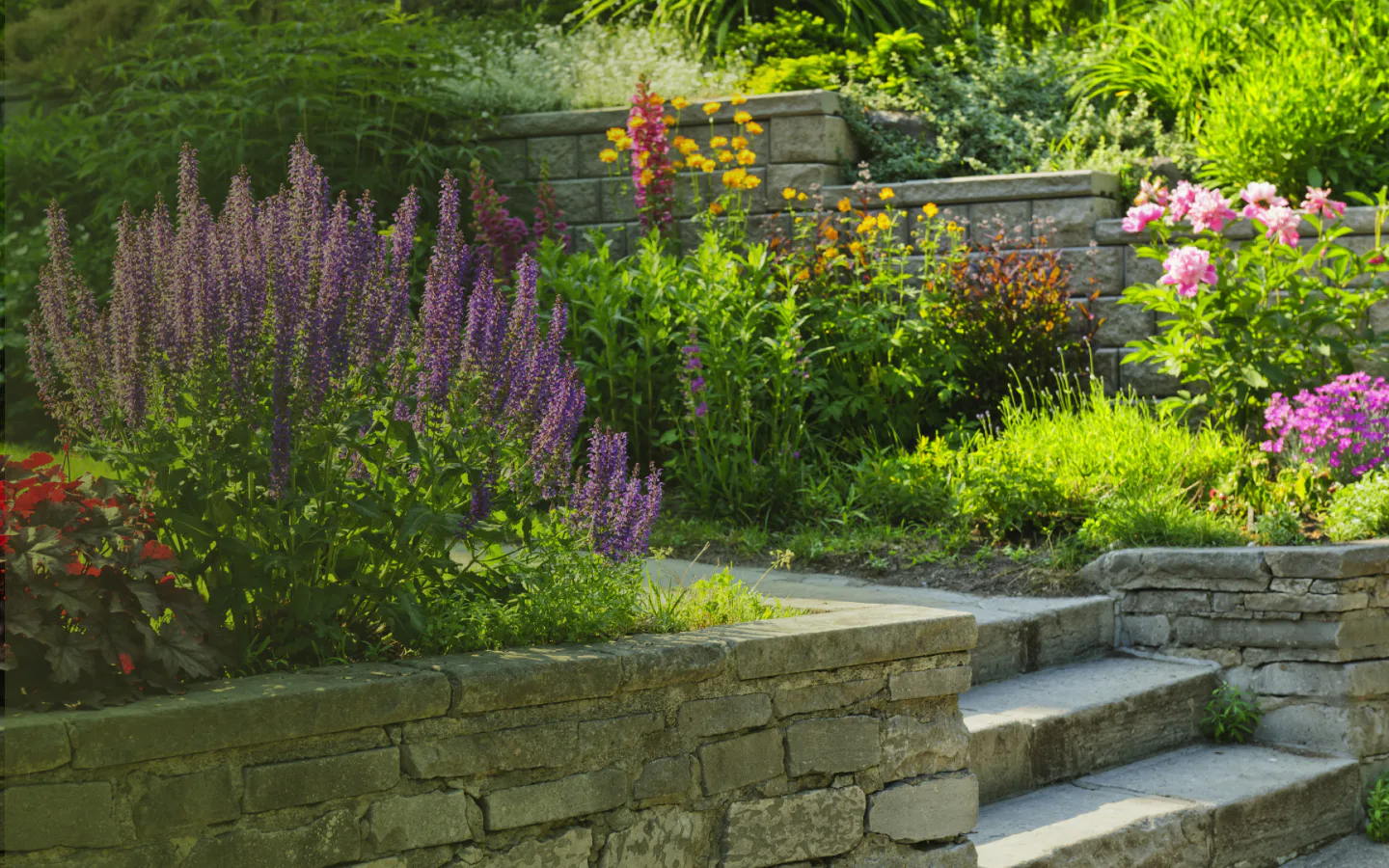 stone walkway and newly built steps with flowers and plants at side mountain home ar